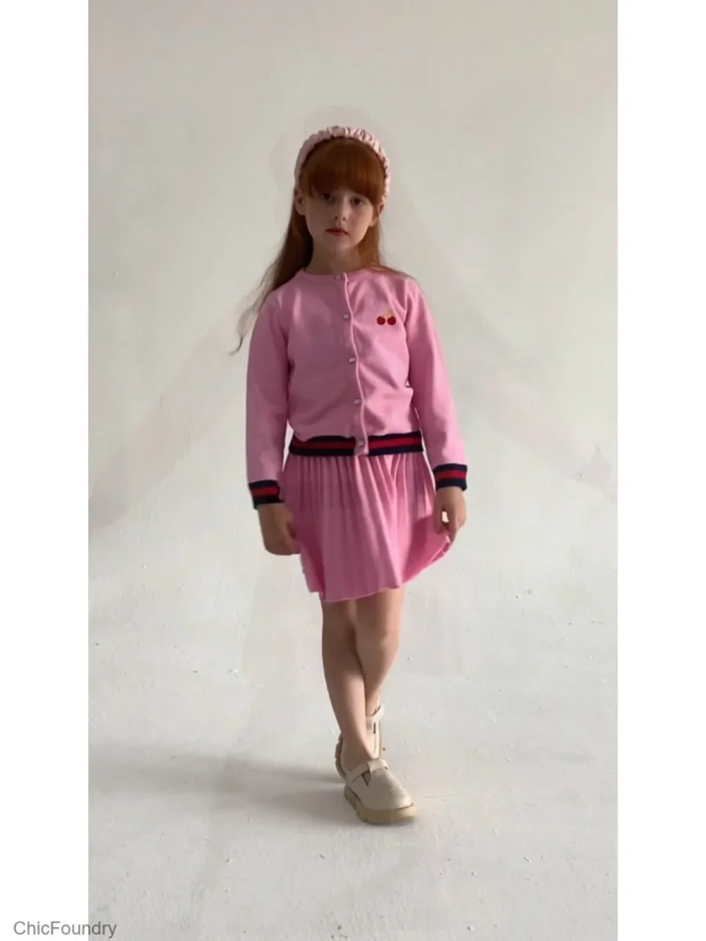 Ribbed Knit Cardigan Skirt Set 2-Piece Girls School Style